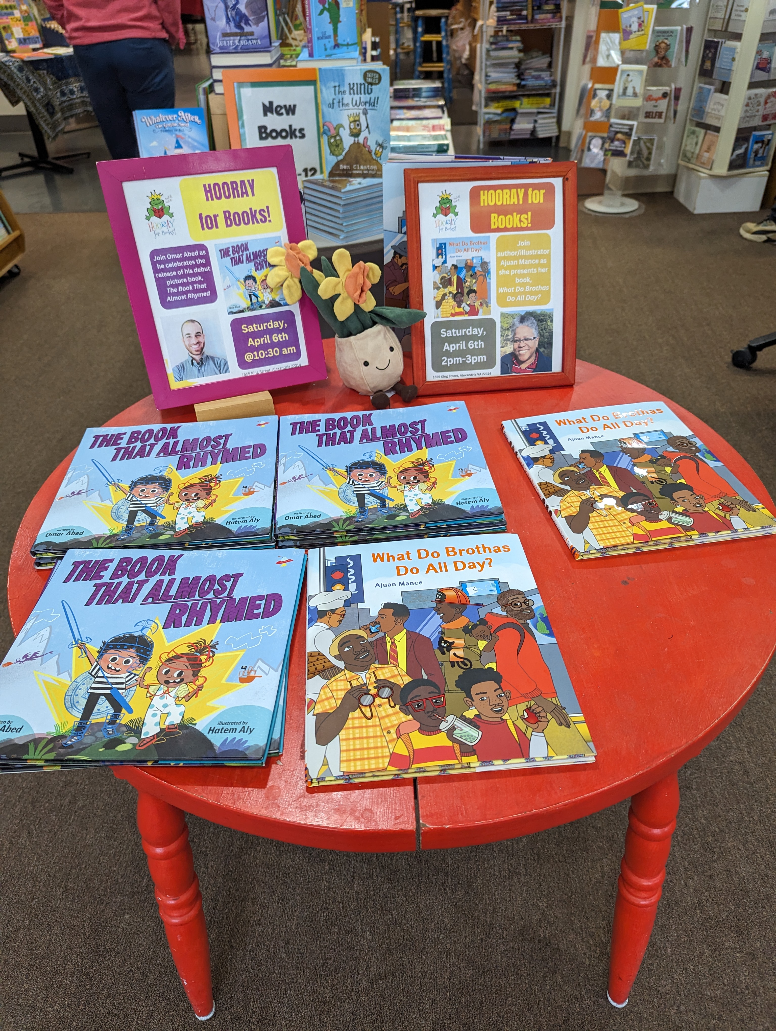 Table at Hooray for Books displaying The Book That Almost Rhymed